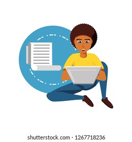man black sitting with laptop computer and paper receipt