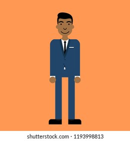 Man with black slick hair, midnight blue suit, black tie and black shoes. Editable vector flat design. Suitable for motion asset and avatar. 