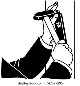 Man in black suit affixing Mezuzah by hands with hammer on door frame. Black Mezuzah with white Hebrew letter. Black and white illustration on white background.