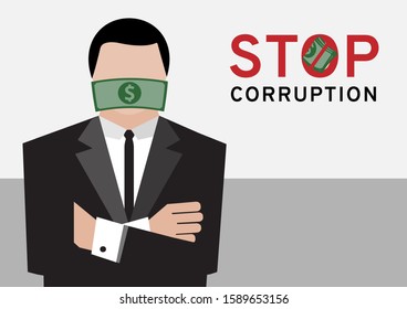 a man in black suit with big money cash gag or bribe represent to the stop corruption campaign by vector and illustration