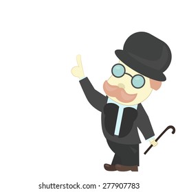 A man in a black suit and hat gives an indication, tips, showing a finger in the right direction. In the other hand - the cane