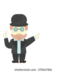 A man in a black suit and hat gives an indication, tips, showing a finger in the right direction.