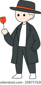 Man in Black Suit Holding a Red Flower