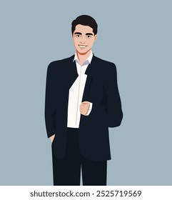 A man in a black suit and jacket stands on an isolated background. There are two majors, the head or the manager. Stylish groom in a suit. Stylish costume