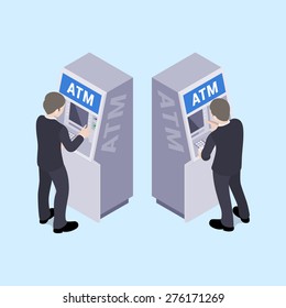 Man in black suit near the ATM. Illustration suitable for advertising and promotion