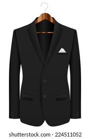 Man black suit on wooden hanger.