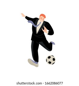 A man in a black suit prepares to hit the ball. The symbolic image of attempt, active action in business. Flat vector image isolated on white background.