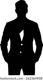 Man in black suit
silhouette of a businessman in a formal suit with hands in pockets isolated on white background