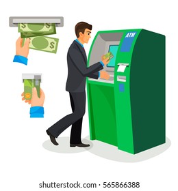 Man in black suit stands near ATM with credit card in hand and is going to take cheque. Vector picture of human hands taking money from cash machine and inserting credit card in it also man using ATM