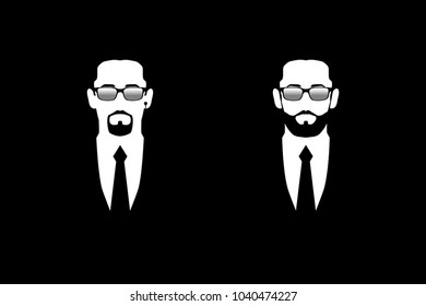 Man in black suit and sunglasses. Symbol safety. Bodyguard, security, face control, bouncer. Isolated flat vector illustration on black background
