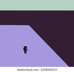 Man in black suit walking on purple street going to work. Architecture exterior building. Minimal art design.