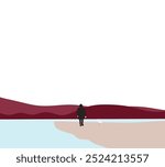 Man in black suit with white bird looking at landscape lake view mountain on background. Minimal art design.