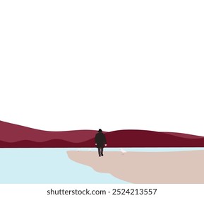 Mann im schwarzen Anzug mit weißem Vogel, der auf dem Hintergrund die Landschaft mit Seeblick auf den Berg betrachtet. Minimales Kunstdesign.