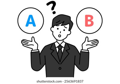 Man in a black suit wondering between options A and B