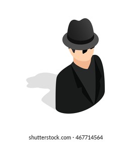 Man in black sunglasses and black hat icon in isometric 3d style on a white background