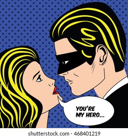 Man in black superhero mask and woman love couple in vintage pop art comic style