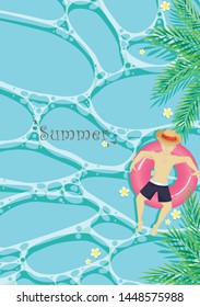 Man in black swimming trunks and hat sit on pink swimming ring float in water with coconut leaf and plumeria flower
background vector for decoration on summer vacation event.