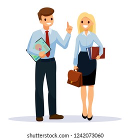 Man in black trousers and white shirt is holding tablet with schedule in his hands. A woman holding the folders and bag in her hands. Business People teamwork, cartoon character.