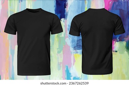 Man Black T-shirt Mockup, Unisex Fashion Illustration Clothes, Men Blank Tshirt Template, Realistic Font Back 3D Shirt, Male Cloth on Colorful Background-