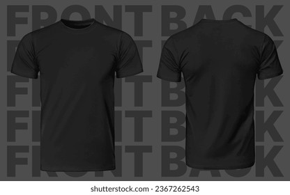 Man Black T-shirt Mockup, Unisex Fashion Illustration Clothes, Men Blank Tshirt Template, Realistic Font Back 3D Shirt, Male Cloth on Text Grey Background-