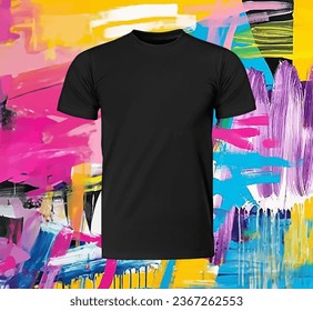 Man Black Tshirt Mockup, Unisex Fashion Illustration Clothes, Men Blank T-Shirt Template, Realistic Font 3D Male Shirt Cloth on Colorful Background