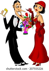 man in a black tuxedo and a woman in a red dress