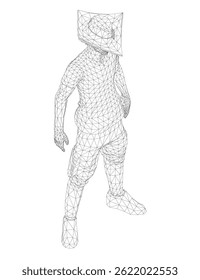 Um homem com uma roupa preta e branca está em frente a um fundo branco. A imagem é um desenho em preto e branco de um homem de chapéu.