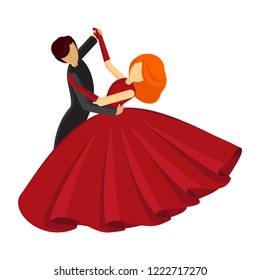 The man in black and the woman in red are dancing the waltz.