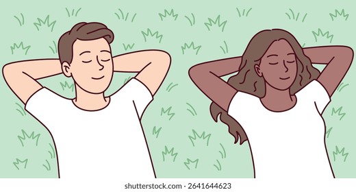 Man and black woman rest side by side on green grass with eyes closed. Represents emotional calm, connection, peace, and balance in life