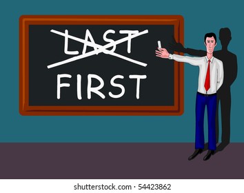 man and blackboard with first-last concept