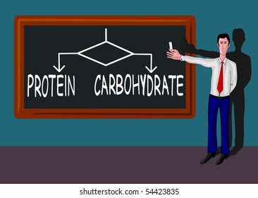 man and blackboard with flowchart and protein-carbohydrate concept