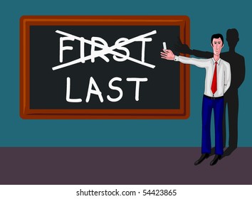 man and blackboard with last-first concept