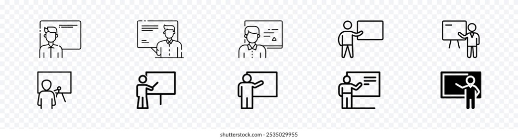 man at the blackboard. linear icon, Professor in front of a blackboard icon, teacher icons, Presentation board icon set. Teaching icon. Training. Education. 