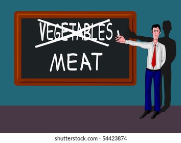 man and blackboard with meat-vegetables concept