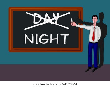 man and blackboard with night concept