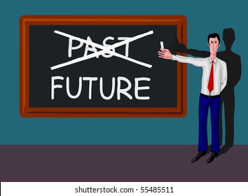 man with blackboard with past-future concept