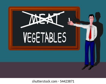 man and blackboard with vegetables-meat concept