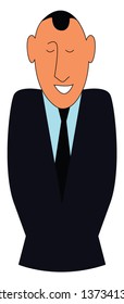 A man in black-colored coat suit wearing a black tie has closed his eyes and with less hair He has tucked both of his hands inside the coat pockets vector color drawing or illustration 