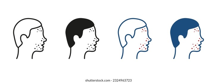 Man with Blackhead, Acne, Rash Pictogram. Dermatologic Problem, Allergy, Inflammation Skin Symbol Collection. Boy with Face Pimples Line and Silhouette Icon Set. Isolated Vector Illustration.