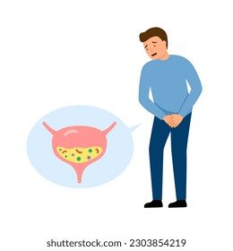 Hombre con infección de vejiga en diseño plano sobre fondo blanco.