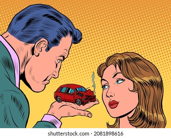 A man blames a woman for a car accident. Insurance agent. A red car crashed in an accident. Passenger transport. Danger on the road