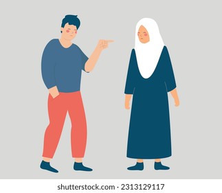 Man blames a woman with hijab and make fun of her. Muslim wife offended and abused by her husband. Couple argue and fight. Stop bullying women. Concept of domestic violence, racism and stereotype.