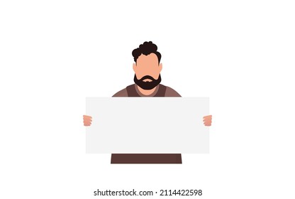 A man with a blank banner in his hands isolated on a white background. Protest concept. Vector illustration