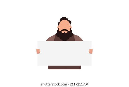 Un hombre con un cartel en blanco en sus manos aislado en un fondo blanco. Concepto de protesta. Ilustración del vector