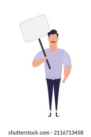 Hombre con banner en blanco aislado en fondo blanco. Estilo de caricatura de arte pop. Ilustración vectorial.