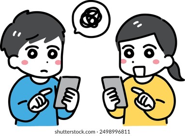 A man with a blank expression and a smiling woman holding a smartphone