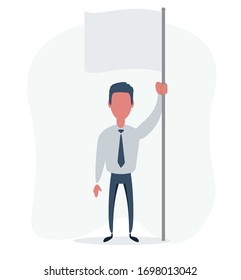 Man with blank flag standing on the top. Vector flat design illustration.