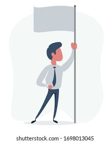 Man with blank flag standing on the top of a rock. Vector flat design illustration.