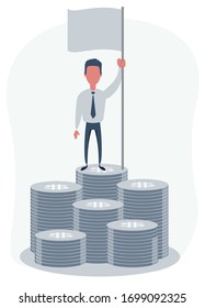 Man with blank flag standing on the top of a pile of money. Vector flat design illustration.