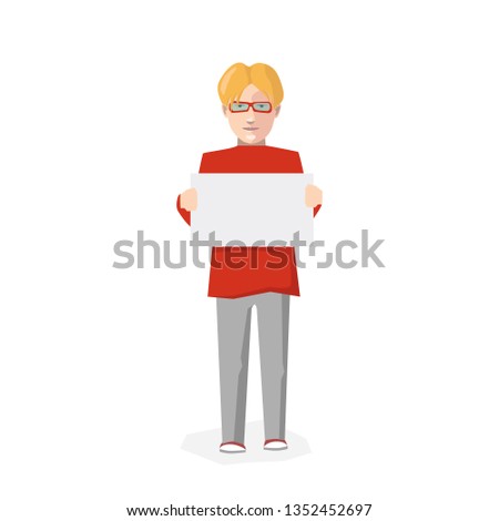 Man with blank poster, flat character on white